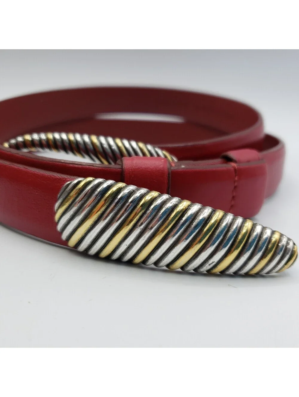Chico's Red Leather Belt Adjustable M/L # 79984 Silver Gold Buckle